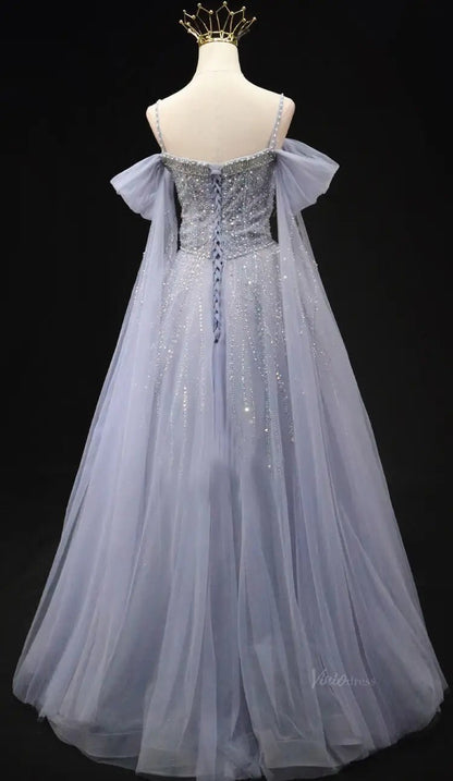 Dusty Blue Tulle Prom Dresses with Spaghetti Strap, Beaded Lace, Quinceanera Dresses SU049-prom dresses 2025 -Viniodress-Blue-Custom Size-