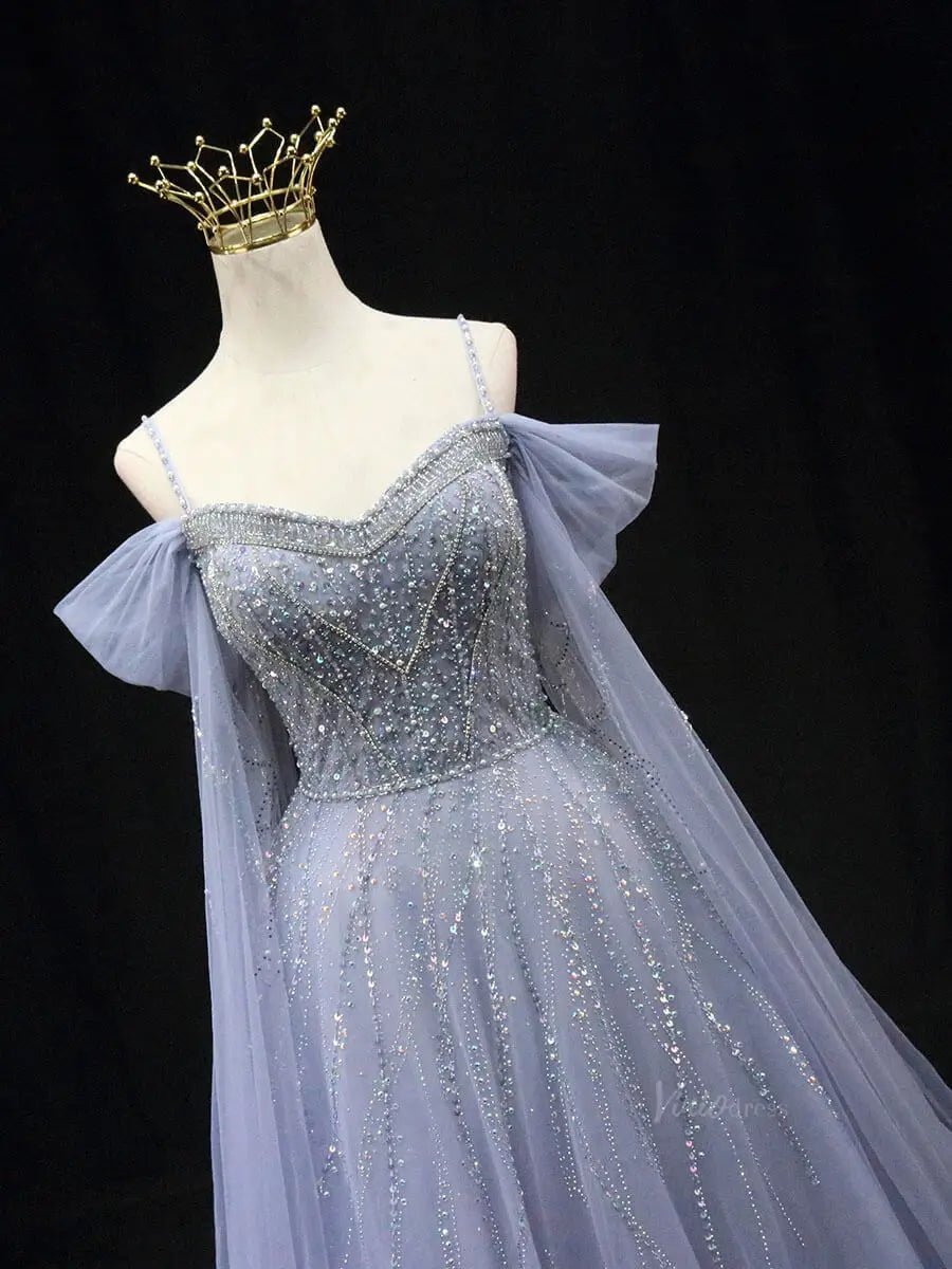 Dusty Blue Tulle Prom Dresses with Spaghetti Strap, Beaded Lace, Quinceanera Dresses SU049-prom dresses 2025 -Viniodress-Blue-Custom Size-