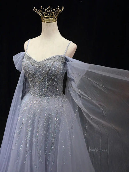 Dusty Blue Tulle Prom Dresses with Spaghetti Strap, Beaded Lace, Quinceanera Dresses SU049-prom dresses 2025 -Viniodress-Blue-Custom Size-