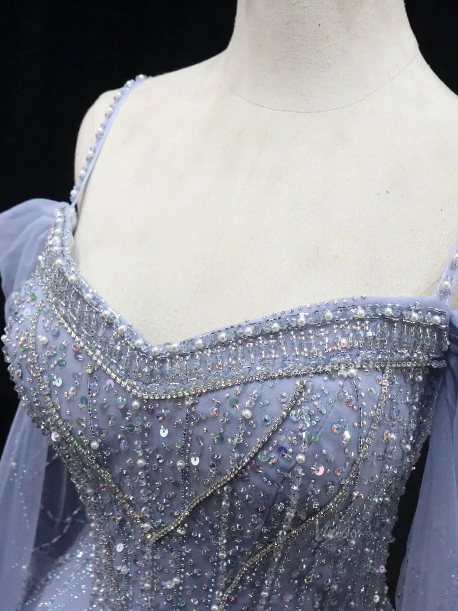 Dusty Blue Tulle Prom Dresses with Spaghetti Strap, Beaded Lace, Quinceanera Dresses SU049-prom dresses 2025 -Viniodress-Blue-Custom Size-