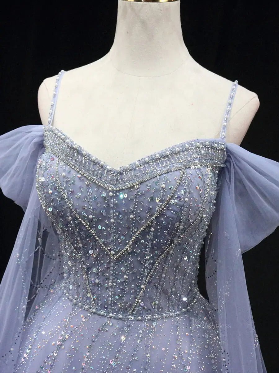 Dusty Blue Tulle Prom Dresses with Spaghetti Strap, Beaded Lace, Quinceanera Dresses SU049-prom dresses 2025 -Viniodress-Blue-Custom Size-