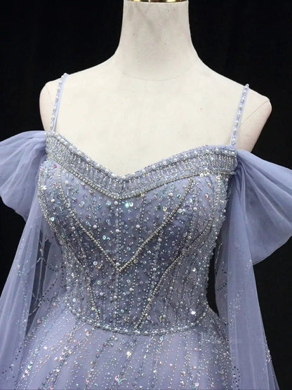 Dusty Blue Tulle Prom Dresses with Spaghetti Strap, Beaded Lace, Quinceanera Dresses SU049-prom dresses 2025 -Viniodress-Blue-Custom Size-