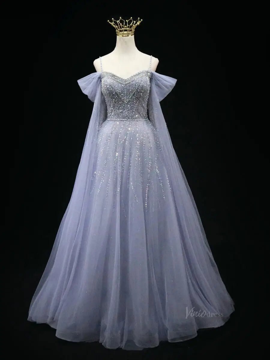 Dusty Blue Tulle Prom Dresses with Spaghetti Strap, Beaded Lace, Quinceanera Dresses SU049-prom dresses 2025 -Viniodress-Blue-Custom Size-
