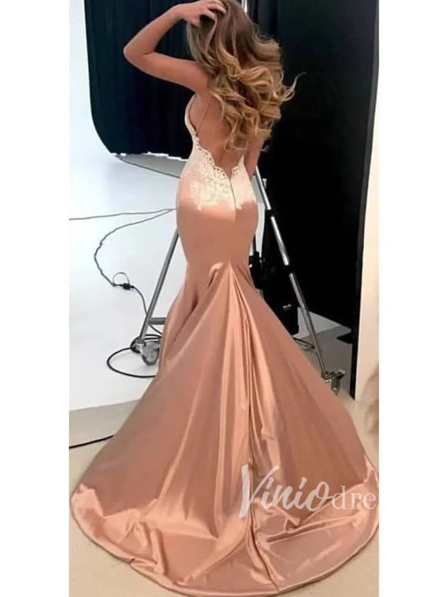 Dusty Nude Satin Mermaid Prom Dress V-Neck Backless Gown with Lace for Viniodress Dusty Nude Satin Mermaid Prom Dress V-Neck Backless Gown with Lace for Viniodress