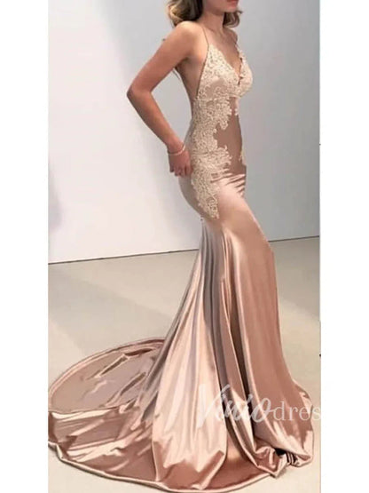 Dusty Nude Satin Mermaid Prom Dress V-Neck Backless Gown with Lace for Viniodress Dusty Nude Satin Mermaid Prom Dress V-Neck Backless Gown with Lace for Viniodress