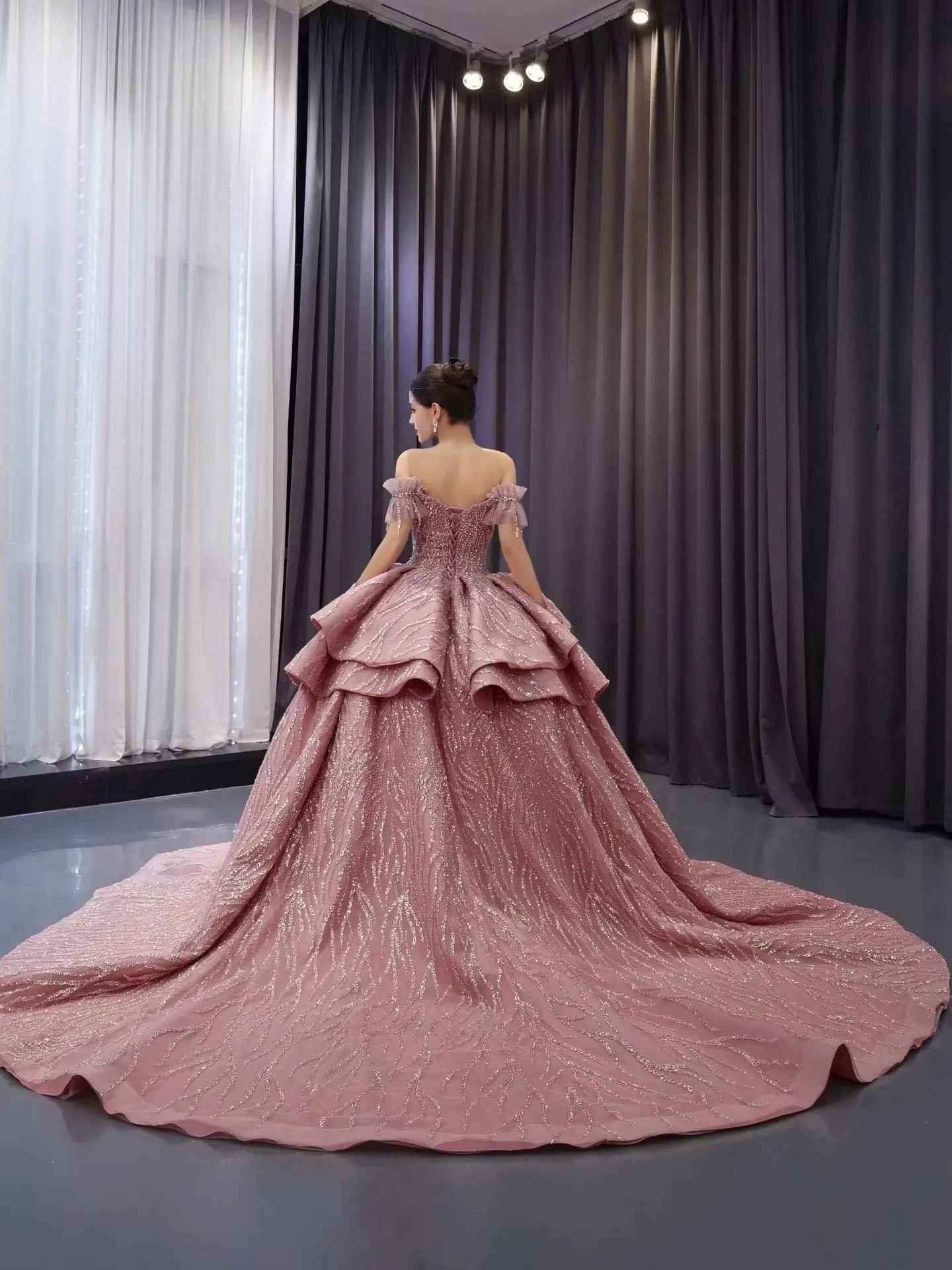 Dusty Pink Beaded Ball Gown Wedding Dress | Off-the-Shoulder Quinceañera Gown with Corset Back 251113-Quinceanera Dresses 2026-Viniodress-Dusty Rose-Custom Size-