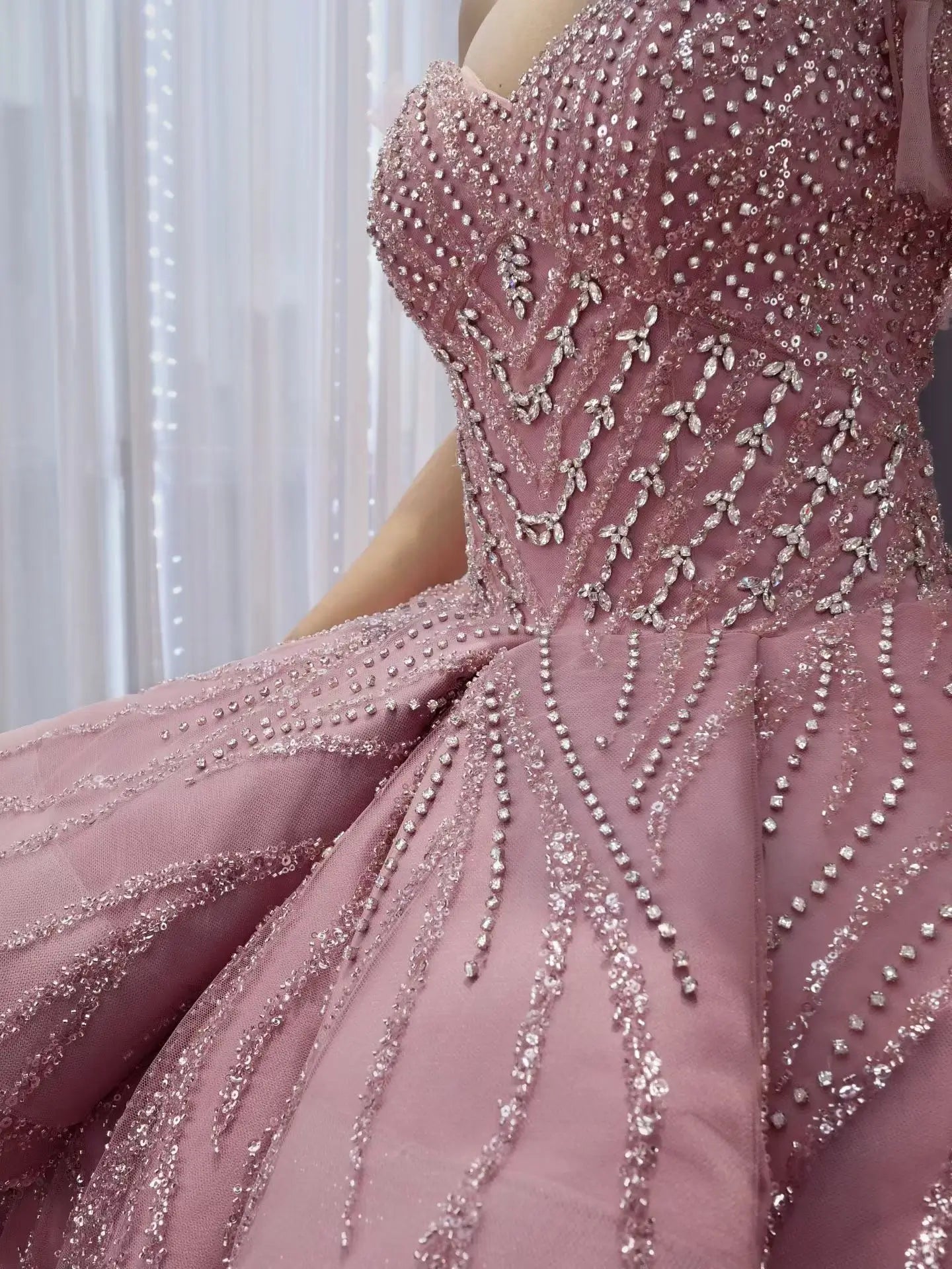 Dusty Pink Beaded Ball Gown Wedding Dress | Off-the-Shoulder Quinceañera Gown with Corset Back 251113-Quinceanera Dresses 2026-Viniodress-Dusty Rose-Custom Size-