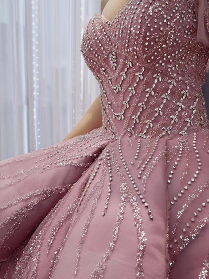 Dusty Pink Beaded Ball Gown Wedding Dress | Off-the-Shoulder Quinceañera Gown with Corset Back 251113-Quinceanera Dresses 2026-Viniodress-Dusty Rose-Custom Size-