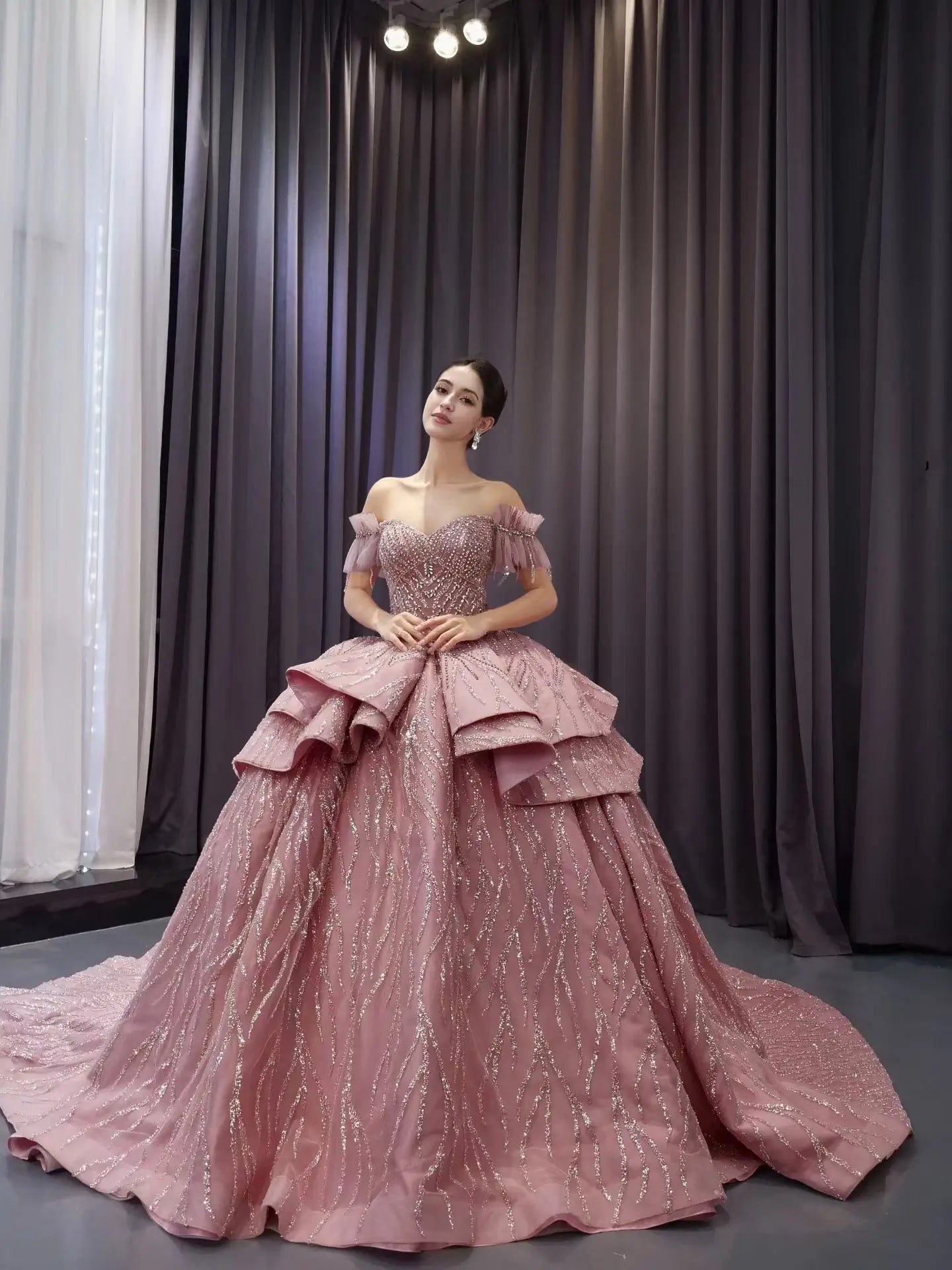 Dusty Pink Beaded Ball Gown Wedding Dress | Off-the-Shoulder Quinceañera Gown with Corset Back 251113-Quinceanera Dresses 2026-Viniodress-Dusty Rose-Custom Size-