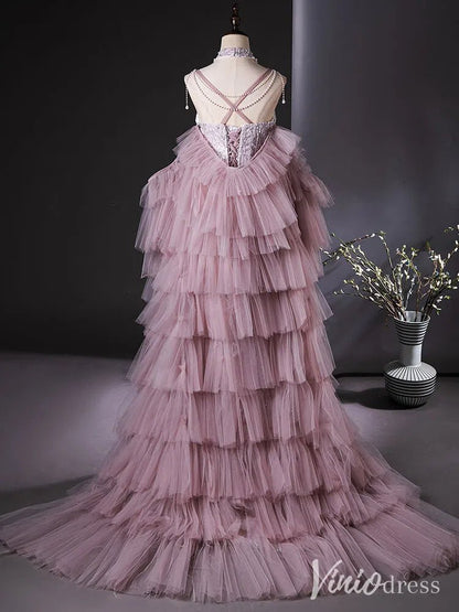 Dusty Pink Beaded Prom Dresses with Two Piece Ruffle Mermaid Evening Dress AD1360-Evening Dresses 2025 -Viniodress-Pink-Custom Size-