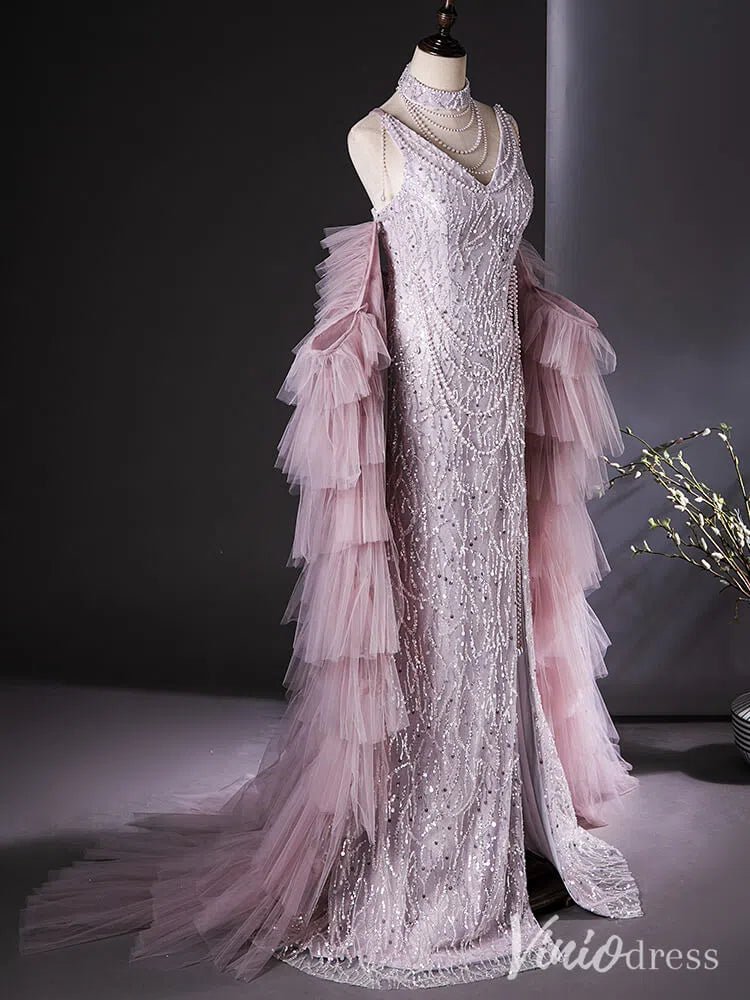 Dusty Pink Beaded Prom Dresses with Two Piece Ruffle Mermaid Evening Dress AD1360-Evening Dresses 2025 -Viniodress-Pink-Custom Size-