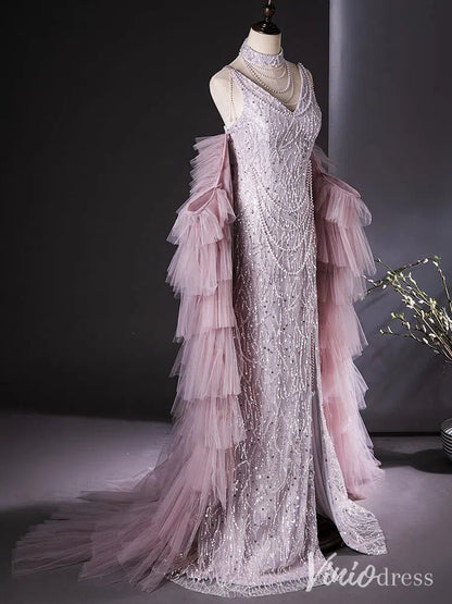 Dusty Pink Beaded Prom Dresses with Two Piece Ruffle Mermaid Evening Dress AD1360-Evening Dresses 2025 -Viniodress-Pink-Custom Size-