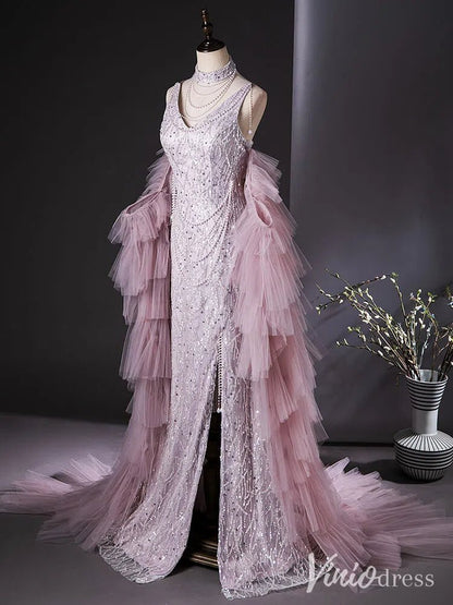 Dusty Pink Beaded Prom Dresses with Two Piece Ruffle Mermaid Evening Dress AD1360-Evening Dresses 2025 -Viniodress-Pink-Custom Size-