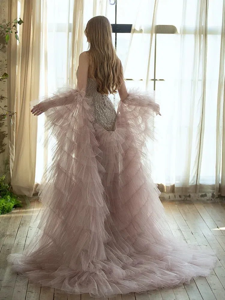 Dusty Pink Beaded Prom Dresses with Two Piece Ruffle Mermaid Evening Dress AD1360 - ViniodressEvening DressesPinkCustom Size - Formal Dresses - Ball Gowns