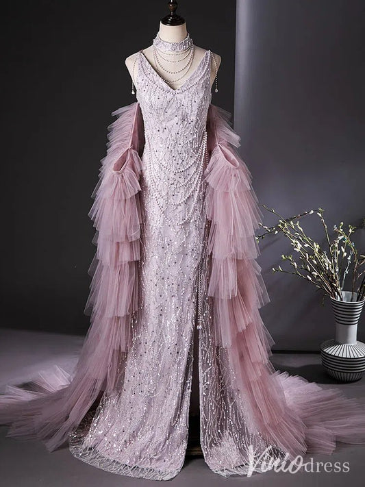 Dusty Pink Beaded Prom Dresses with Two Piece Ruffle Mermaid Evening Dress AD1360 - ViniodressEvening DressesPinkCustom Size - Formal Dresses - Ball Gowns