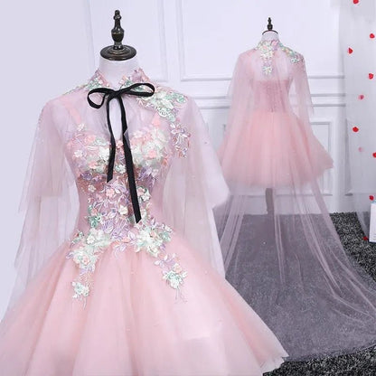 Dusty Pink Floral Homecoming Dress with Cape SD1388 VINIODRESS-Homecoming Dresses 2025 -VINIODRESS-Custom Size-Pink-