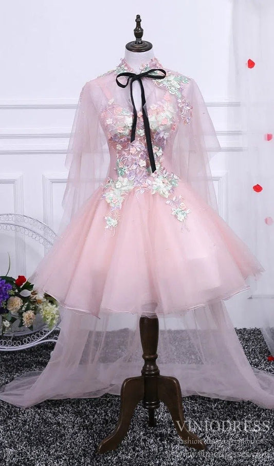 Dusty Pink Floral Homecoming Dress with Cape SD1388 VINIODRESS-Homecoming Dresses 2025 -VINIODRESS-Custom Size-Pink-