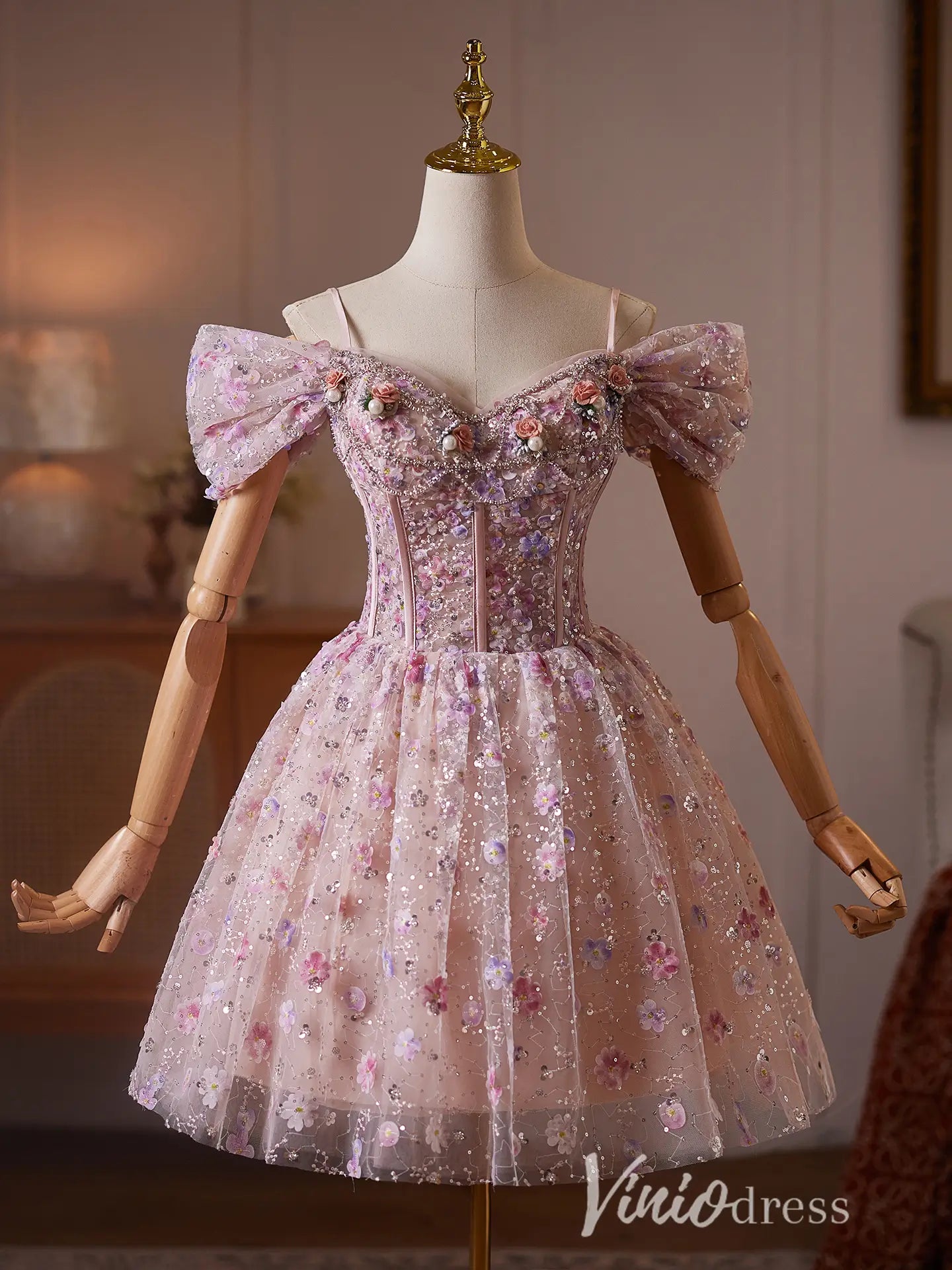 Dusty Pink Floral Sequin Corset Homecoming Dress with Puff Sleeves & Glitter Tulle Skirt - BJ115-Homecoming Dresses 2026-Viniodress-Pink-US 0-
