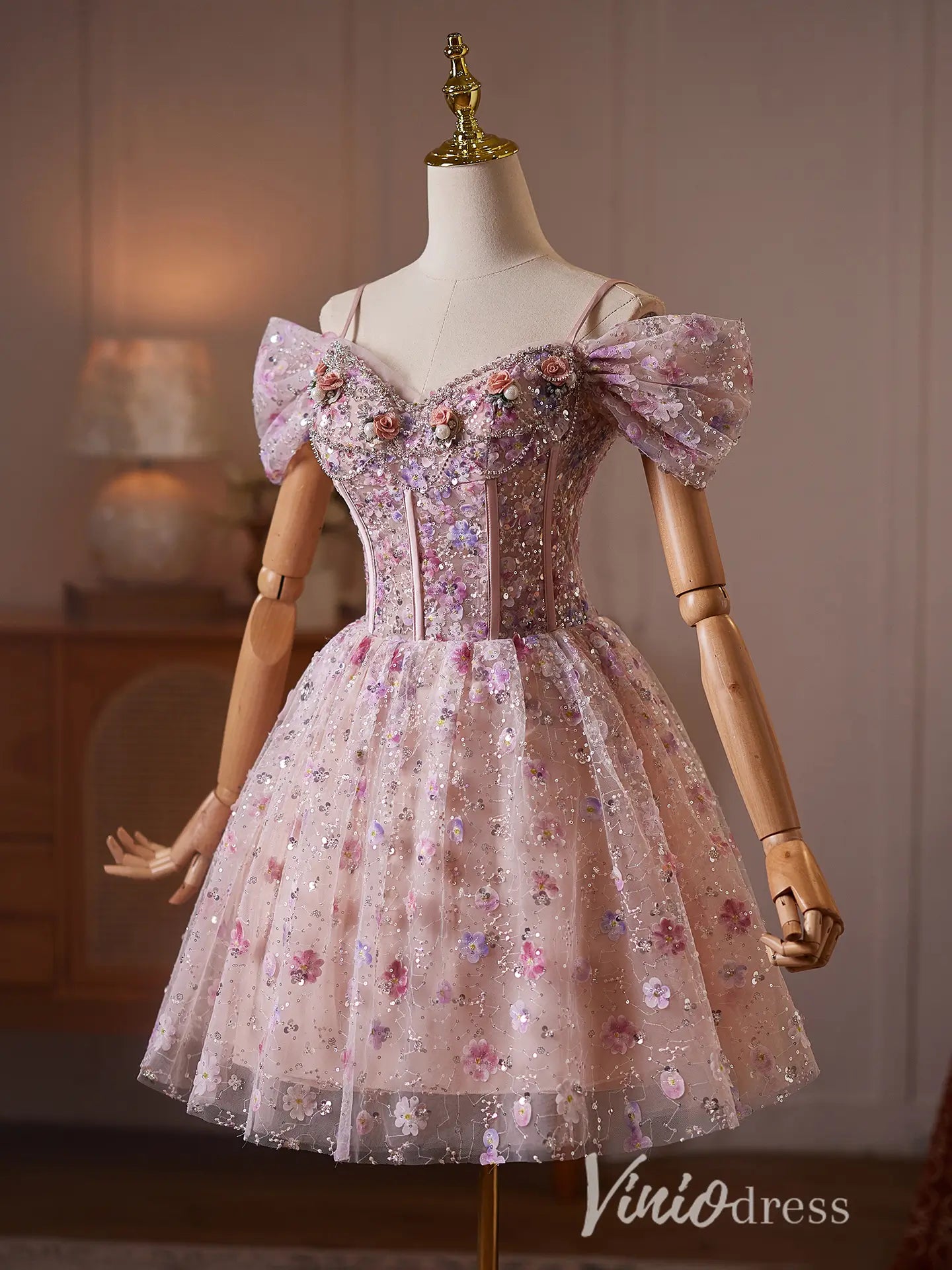 Dusty Pink Floral Sequin Corset Hoco Dress with Puff Sleeves Viniodress Dusty Pink Floral Sequin Corset Hoco Dress with Puff Sleeves Viniodress