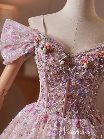 Dusty Pink Floral Sequin Corset Homecoming Dress with Puff Sleeves & Glitter Tulle Skirt - BJ115-Homecoming Dresses 2026-Viniodress-Pink-US 0-