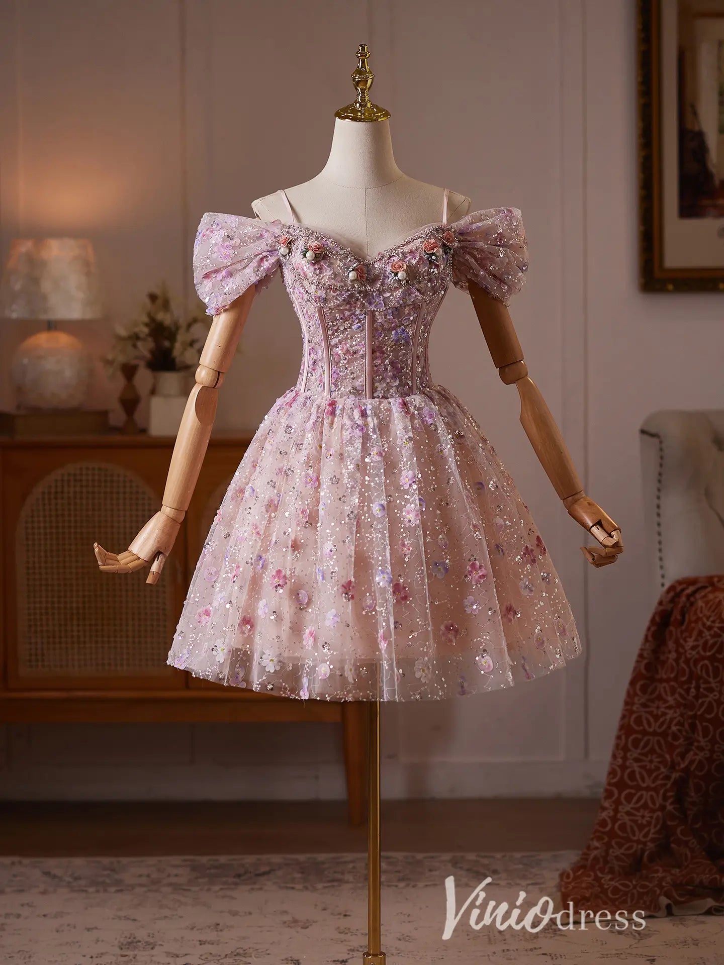 Dusty Pink Floral Sequin Corset Hoco Dress with Puff Sleeves Viniodress Dusty Pink Floral Sequin Corset Hoco Dress with Puff Sleeves Viniodress