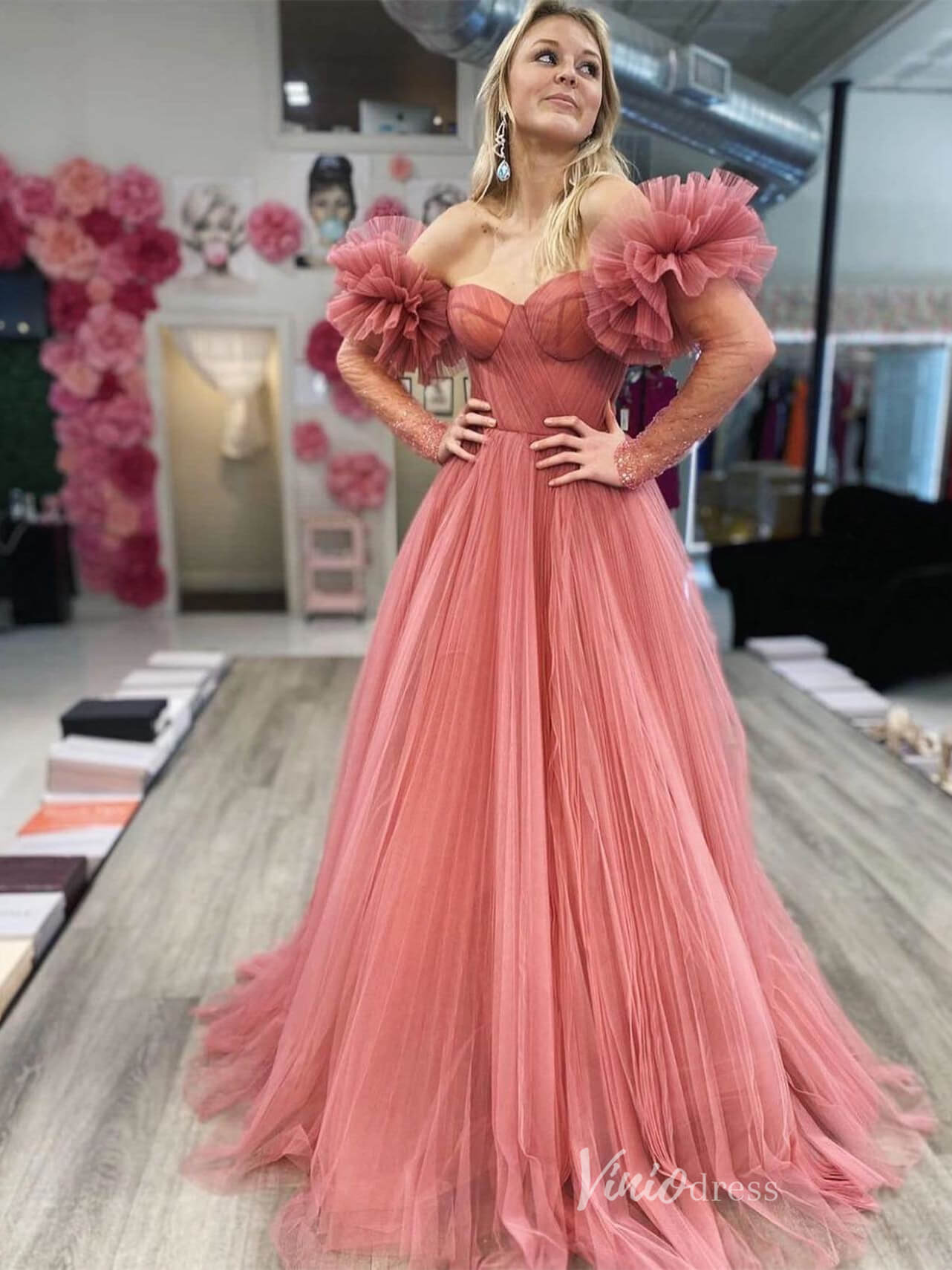 Dusty Pink Pleated Tulle Prom Dresses Sheer Ruffle Long Sleeve FD4071-prom dresses-Viniodress-Pink-Custom Size-Viniodress