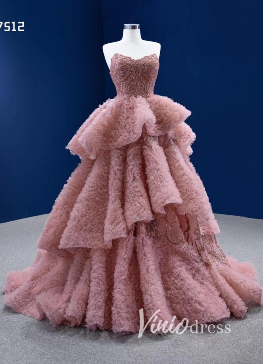 Dusty Pink Ruffled Tulle Ball Gown Quinceañera Dress with Asymmetrical – Viniodress Dusty Pink Ruffled Tulle Ball Gown Quinceañera Dress with Asymmetrical – Viniodress
