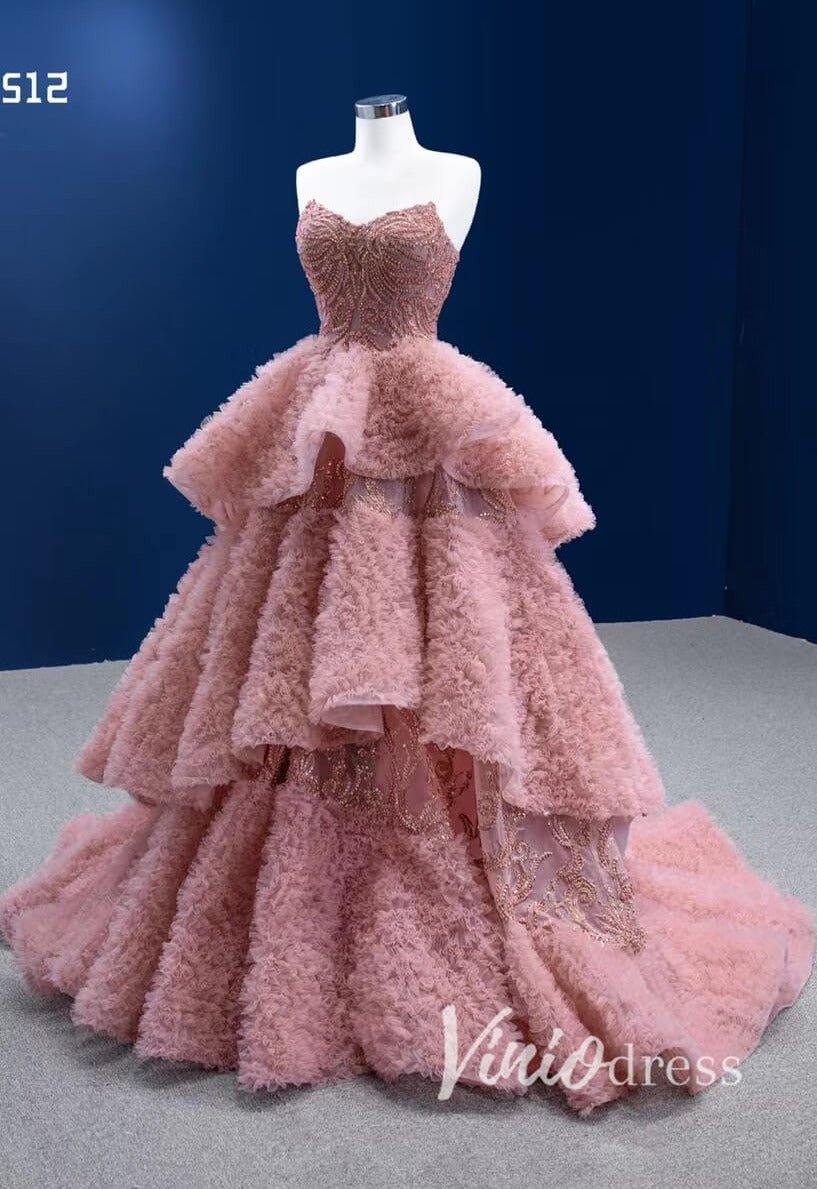 Dusty Pink Ruffled Tulle Ball Gown Quinceaera Dress with Asymmetrical Viniodress Dusty Pink Ruffled Tulle Ball Gown Quinceaera Dress with Asymmetrical Viniodress