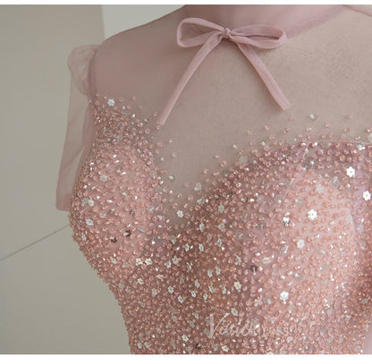 Dusty Pink Tulle Prom Dresses Short Sleeve Formal Dress FD3230-prom dresses 2025 -Viniodress-Pink-Custom Size-