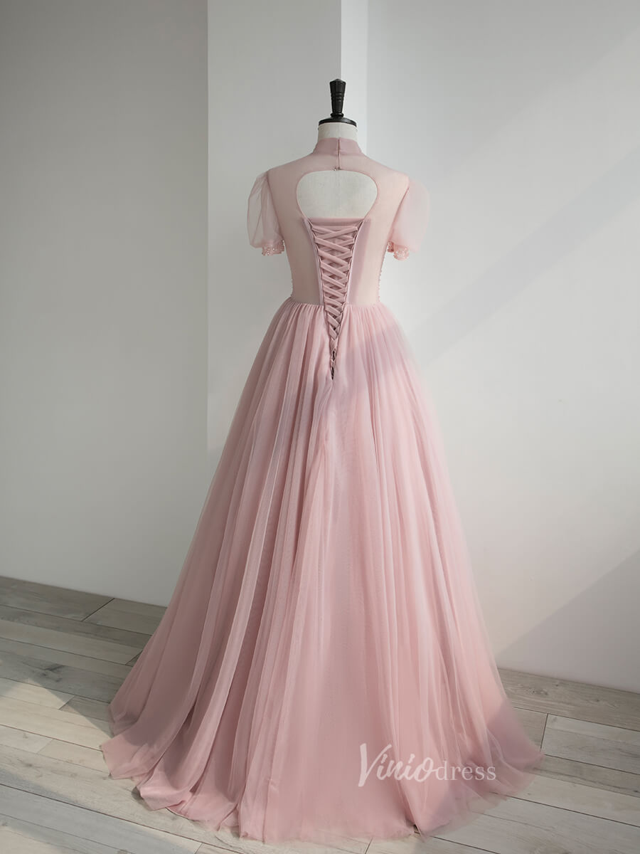 Prom Dress 2025 Dusty Pink Tulle Prom Dresses Short Sleeve Formal Dress FD3230-unique prom dresses-Pink-Custom Size-Viniodress