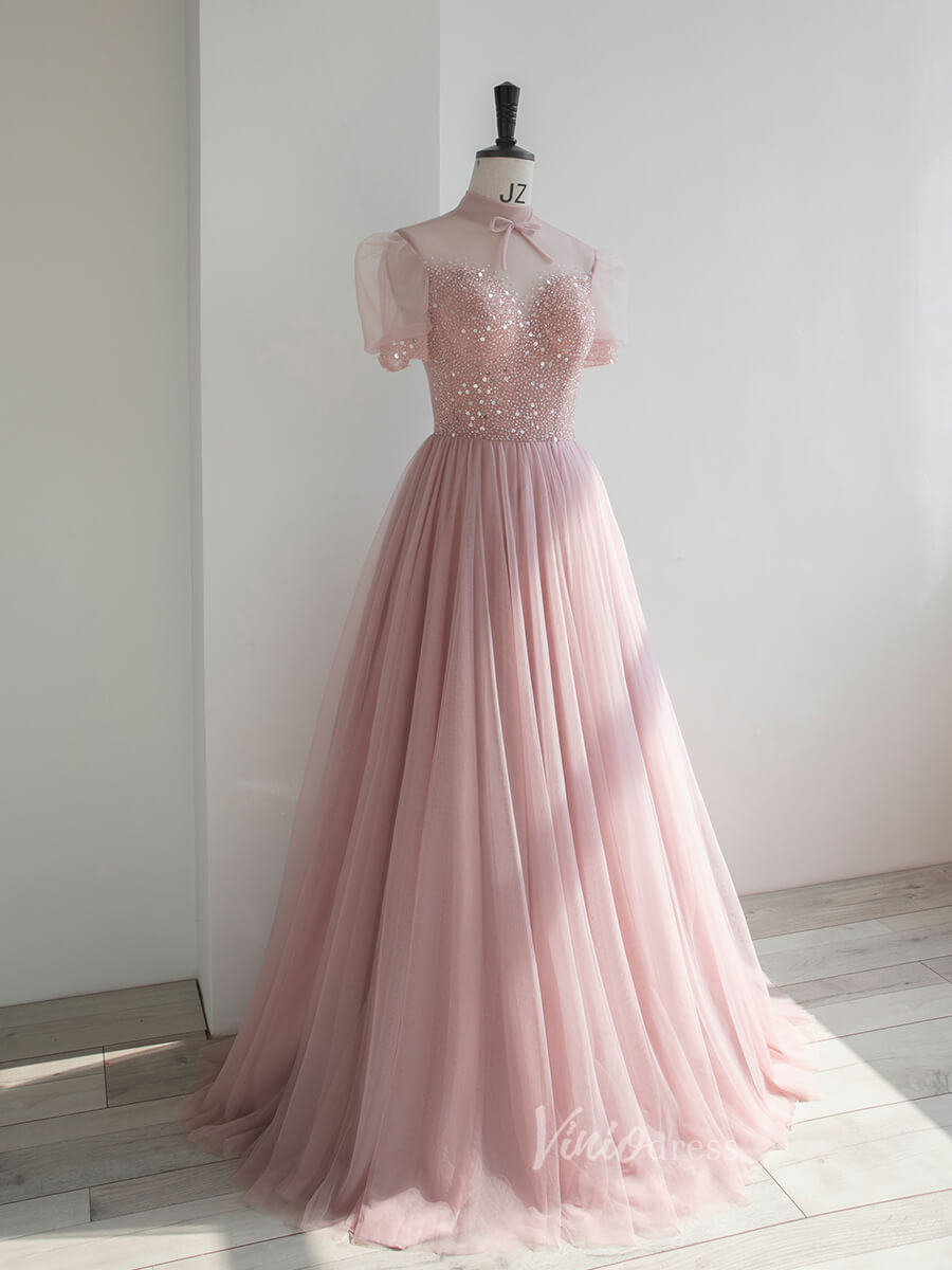 Prom Dress 2025 Dusty Pink Tulle Prom Dresses Short Sleeve Formal Dress FD3230-unique prom dresses-Pink-Custom Size-Viniodress