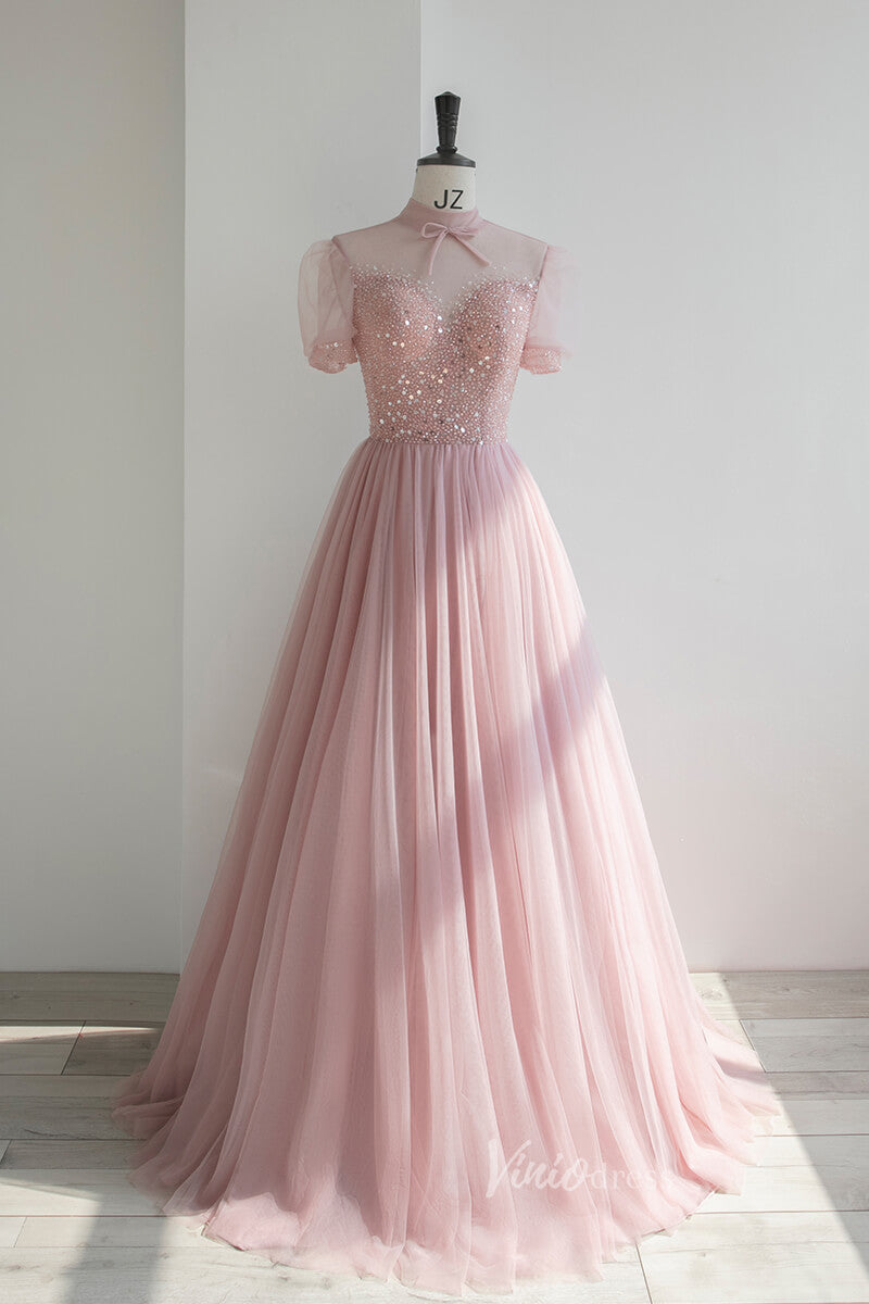 Prom Dress 2025 Dusty Pink Tulle Prom Dresses Short Sleeve Formal Dress FD3230-unique prom dresses-Pink-Custom Size-Viniodress