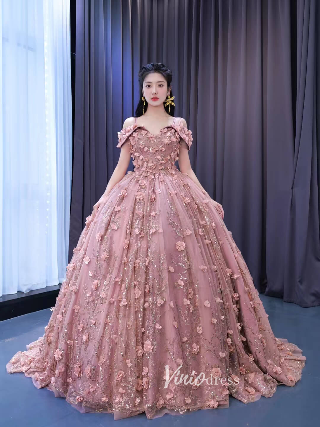 Dusty Rose 3D Flower Lace Ball Gown Quince Dress with Off-the-Shoulder –  Viniodress