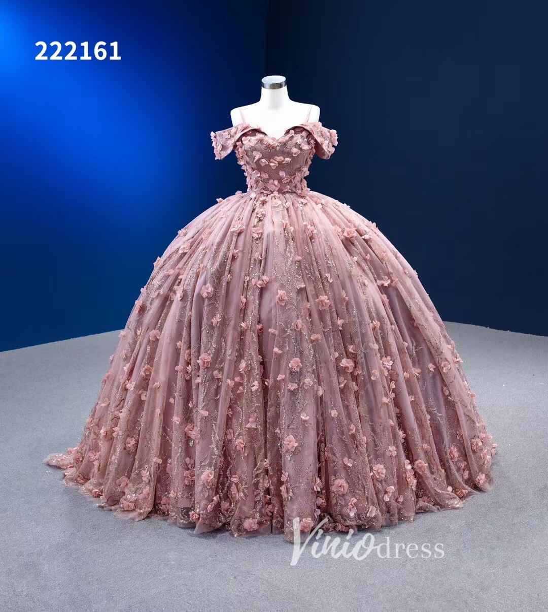 Dusty Rose 3D Flower Lace Ball Gown Quince Dress with Off-the-Shoulder –  Viniodress