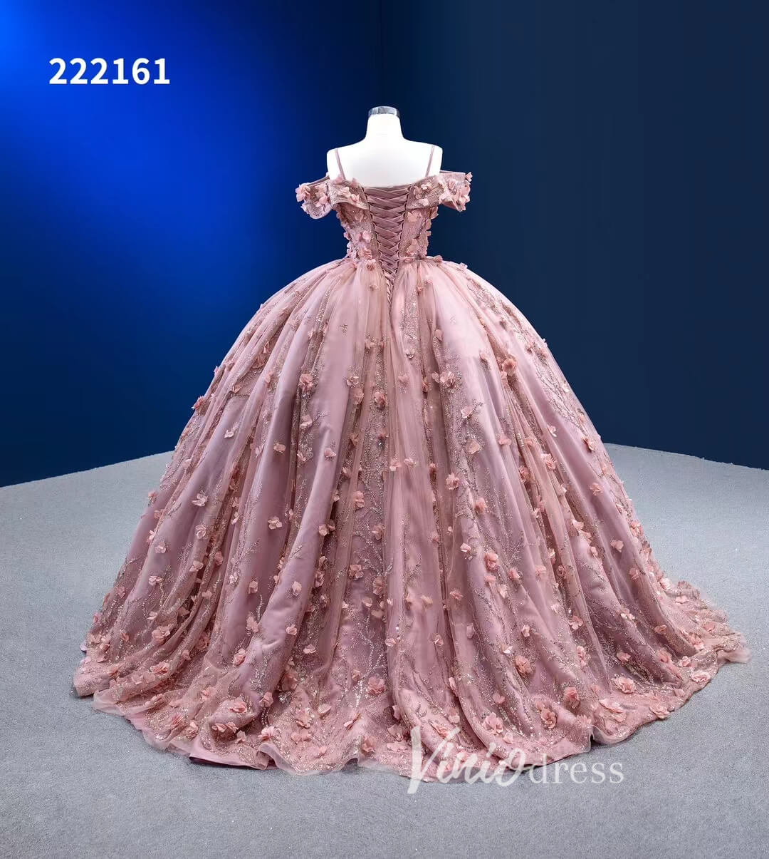 Dusty Rose 3D Flower Lace Ball Gown Quince Dress with Off-the-Shoulder Viniodress Dusty Rose 3D Flower Lace Ball Gown Quince Dress with Off-the-Shoulder Viniodress