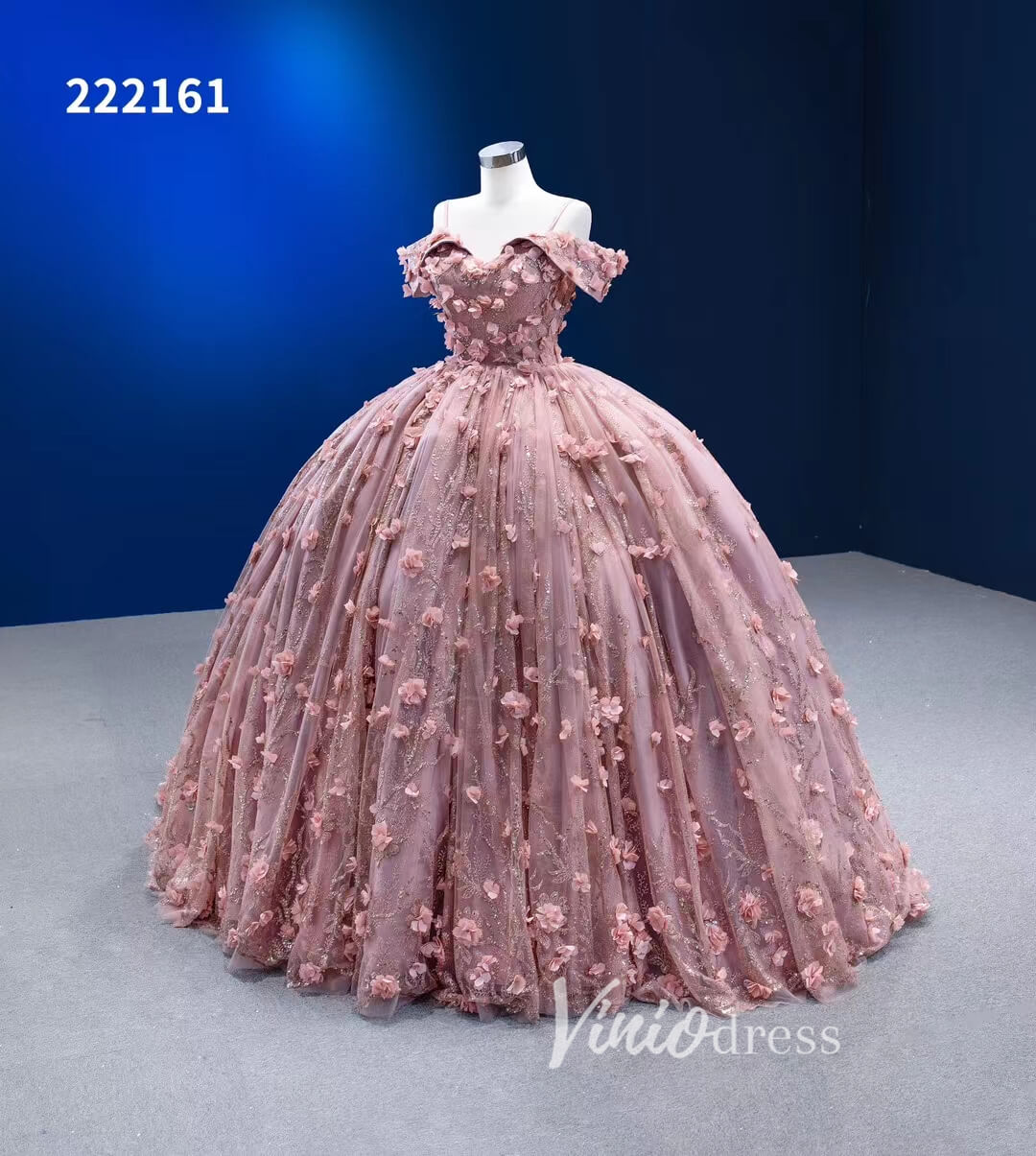 strapless open back dress Dusty Rose 3D Flower Lace Ball Gown Quince Dress with Off-the-Shoulder –  Viniodress