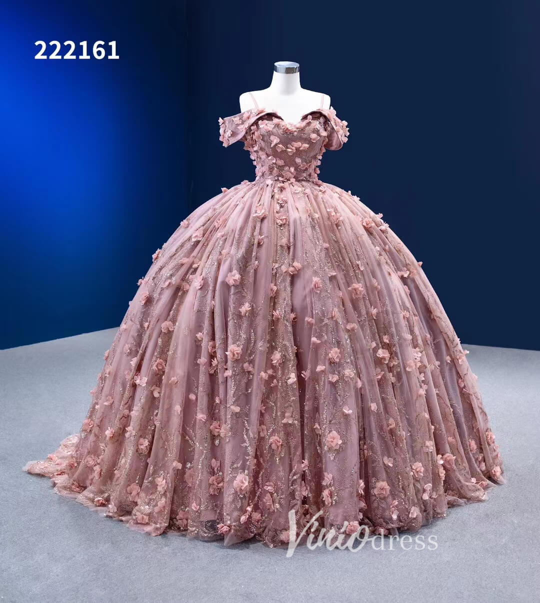 Dusty Rose 3D Flower Lace Ball Gown Quince Dress with Off-the-Shoulder Viniodress Dusty Rose 3D Flower Lace Ball Gown Quince Dress with Off-the-Shoulder Viniodress