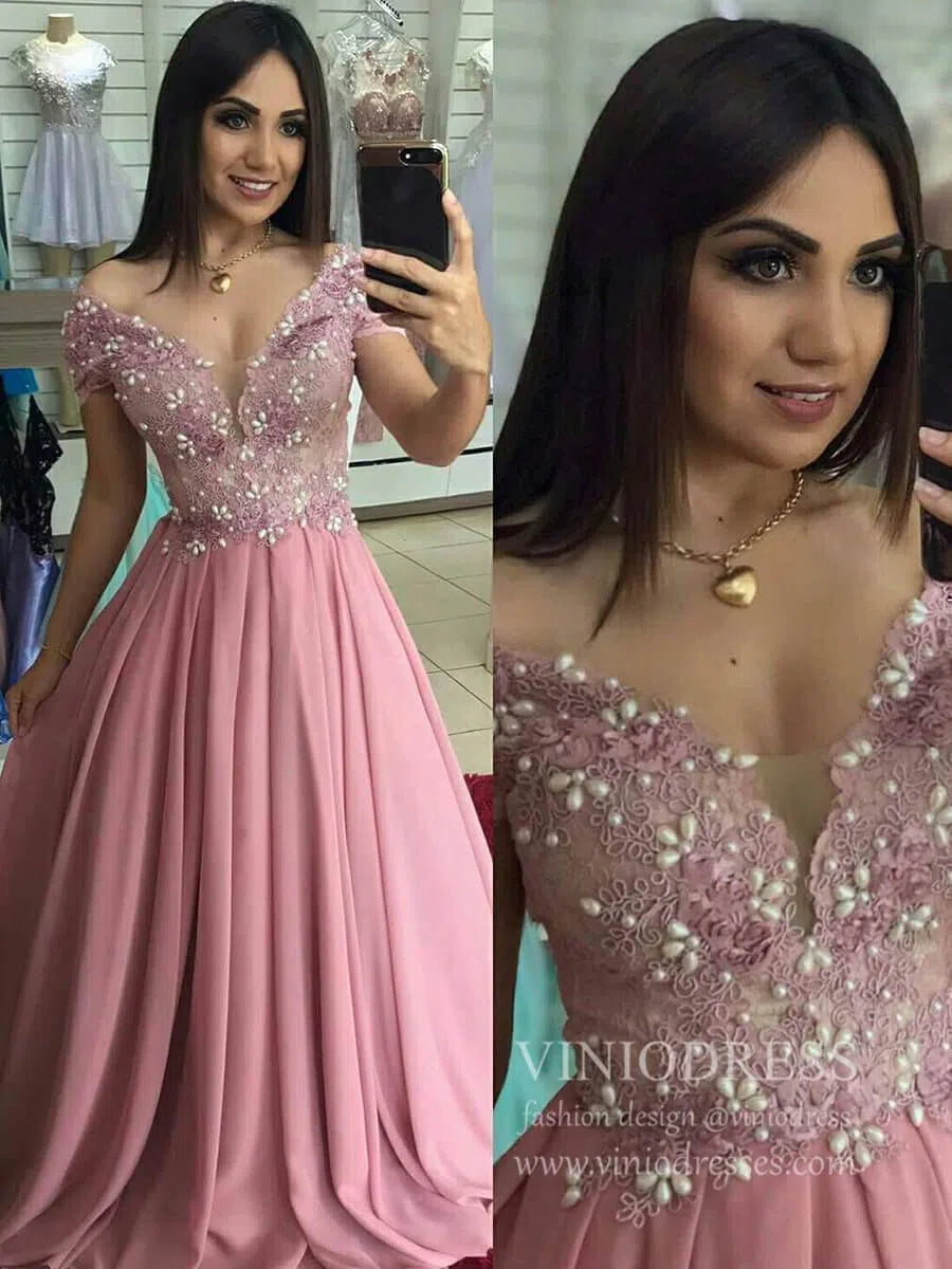 Prom Dress 2025 Dusty Rose Beaded Lace Prom Dresses Off the Shoulder Military Ball Gowns FD1758-unique prom dresses-As Picture-Custom Size-Viniodress