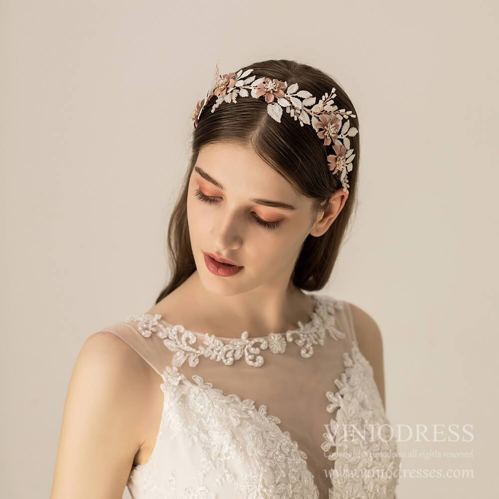 Dusty Rose Floral Bridal Headband AC1220-Headpieces 2025 -Viniodress-Dusty Rose-