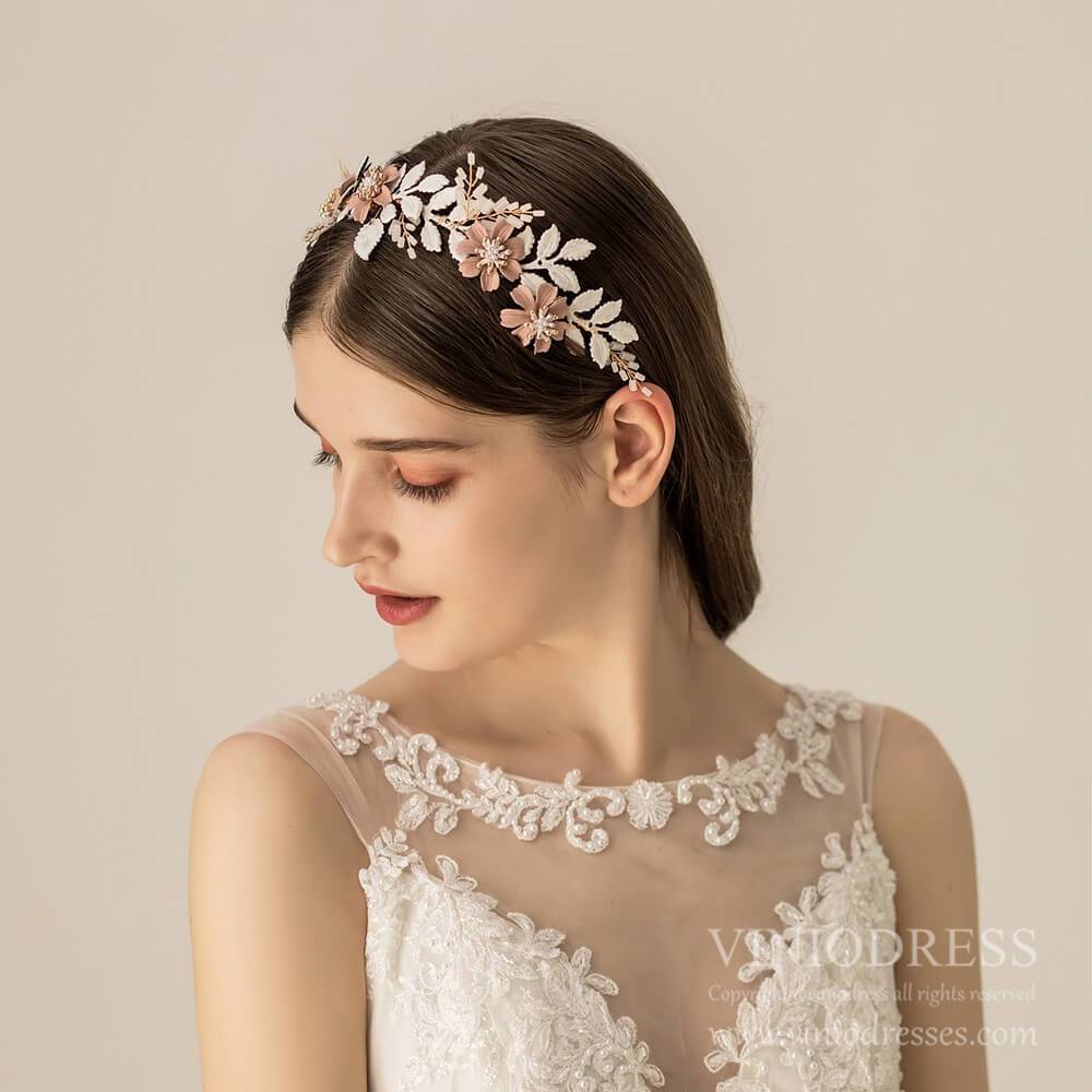Dusty Rose Floral Bridal Headband AC1220-Headpieces 2025 -Viniodress-Dusty Rose-