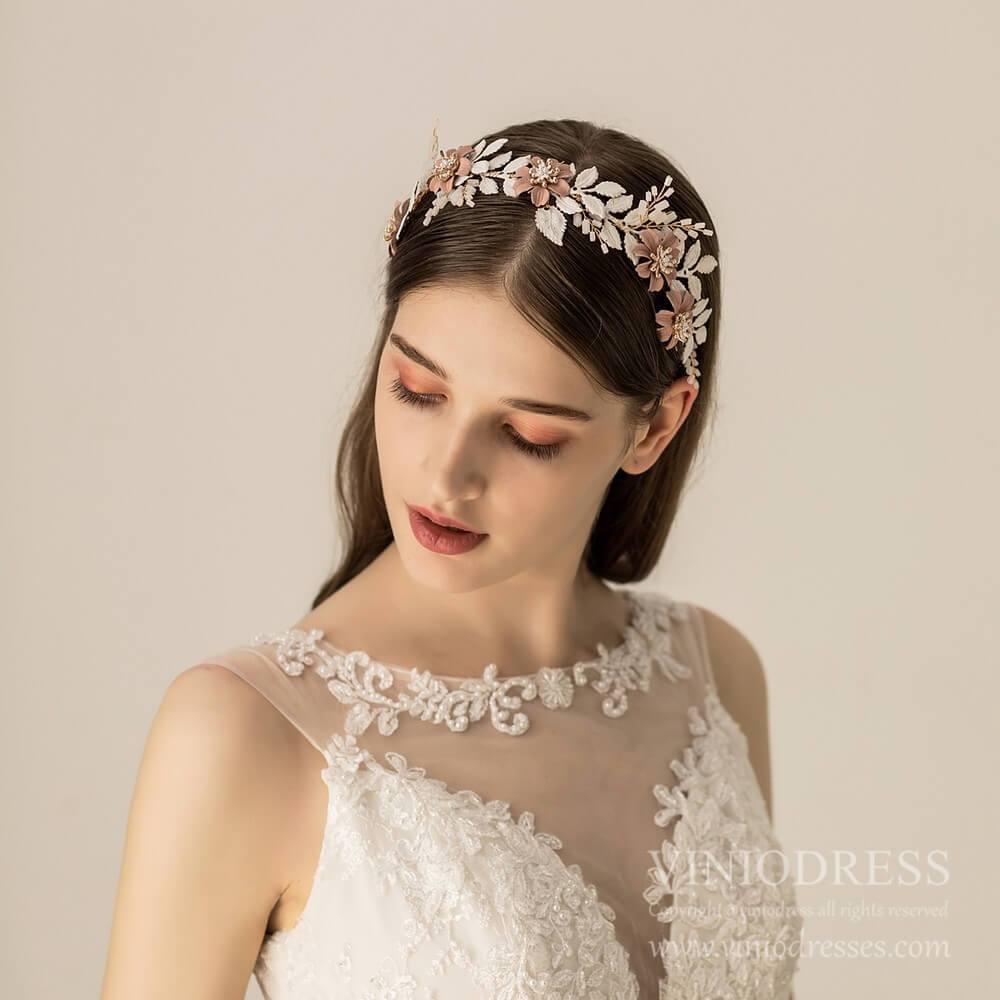 Dusty Rose Floral Bridal Headband AC1220-Headpieces-Viniodress-Dusty Rose-Viniodress