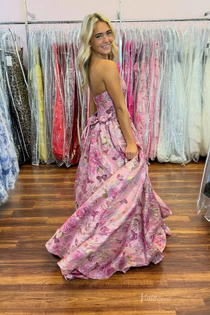 Dusty Rose Floral Jacquard Prom Dress with Strapless Corset Bodice & Bow Waist – JC024-prom dresses 2026-Viniodress-Dusty Rose-Custom Size-