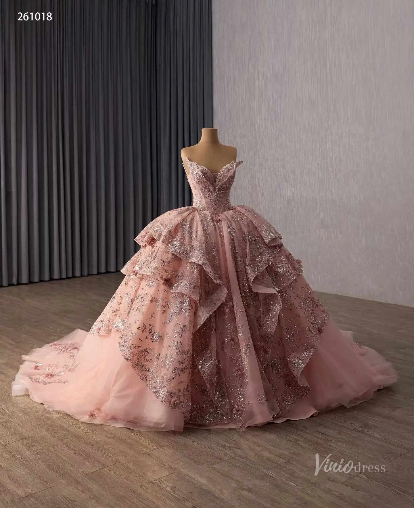 Dusty Rose Glitter Quinceañera Ball Gown with Off-Shoulder Plunging V Neck and Layered Ruffle Skirt – 261018-Quinceanera Dresses 2026-Viniodress-Dusty Rose-Custom Size – Add Measurements in Cart-