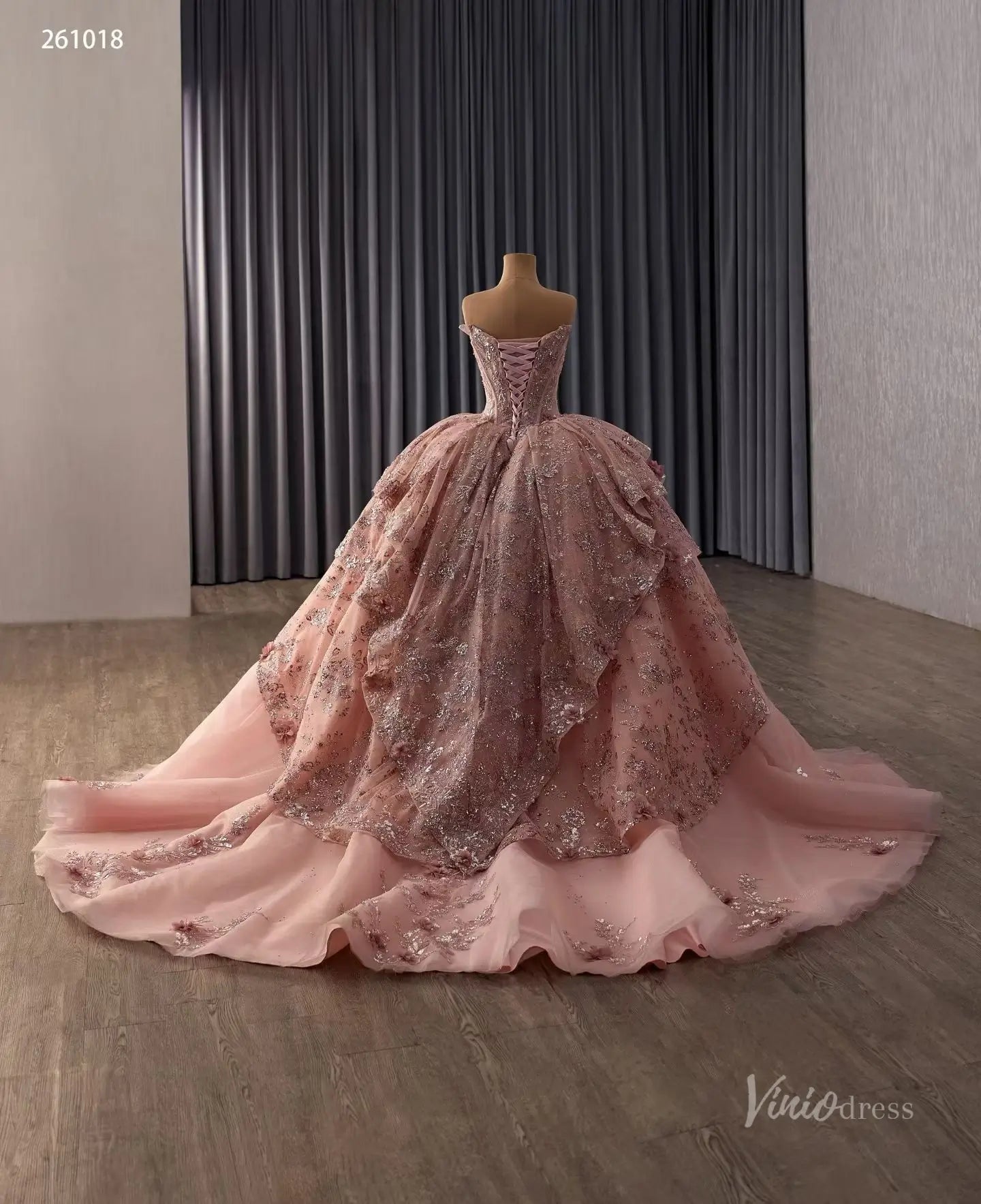 Dusty Rose Glitter Quinceañera Ball Gown with Off-Shoulder Plunging V Neck and Layered Ruffle Skirt – 261018-Quinceanera Dresses 2026-Viniodress-Dusty Rose-Custom Size – Add Measurements in Cart-