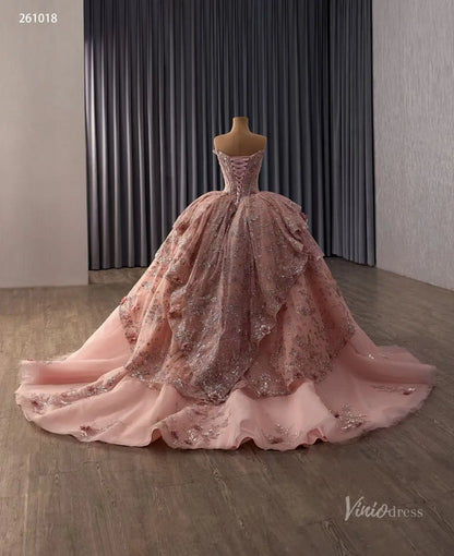 Dusty Rose Glitter Quinceañera Ball Gown with Off-Shoulder Plunging V Neck and Layered Ruffle Skirt – 261018-Quinceanera Dresses 2026-Viniodress-Dusty Rose-Custom Size – Add Measurements in Cart-
