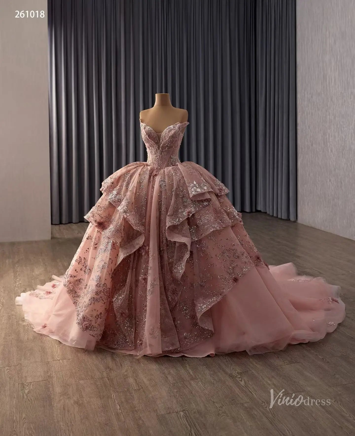 Dusty Rose Glitter Quinceañera Ball Gown with Off-Shoulder Plunging V Neck and Layered Ruffle Skirt – 261018-Quinceanera Dresses 2026-Viniodress-Dusty Rose-Custom Size – Add Measurements in Cart-
