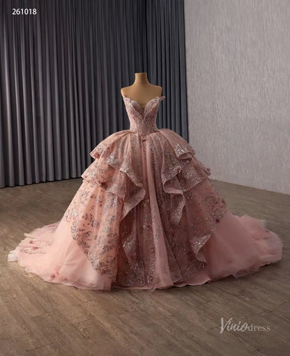 Dusty Rose Glitter Quinceañera Ball Gown with Off-Shoulder Plunging V Neck and Layered Ruffle Skirt – 261018-Quinceanera Dresses 2026-Viniodress-Dusty Rose-Custom Size – Add Measurements in Cart-