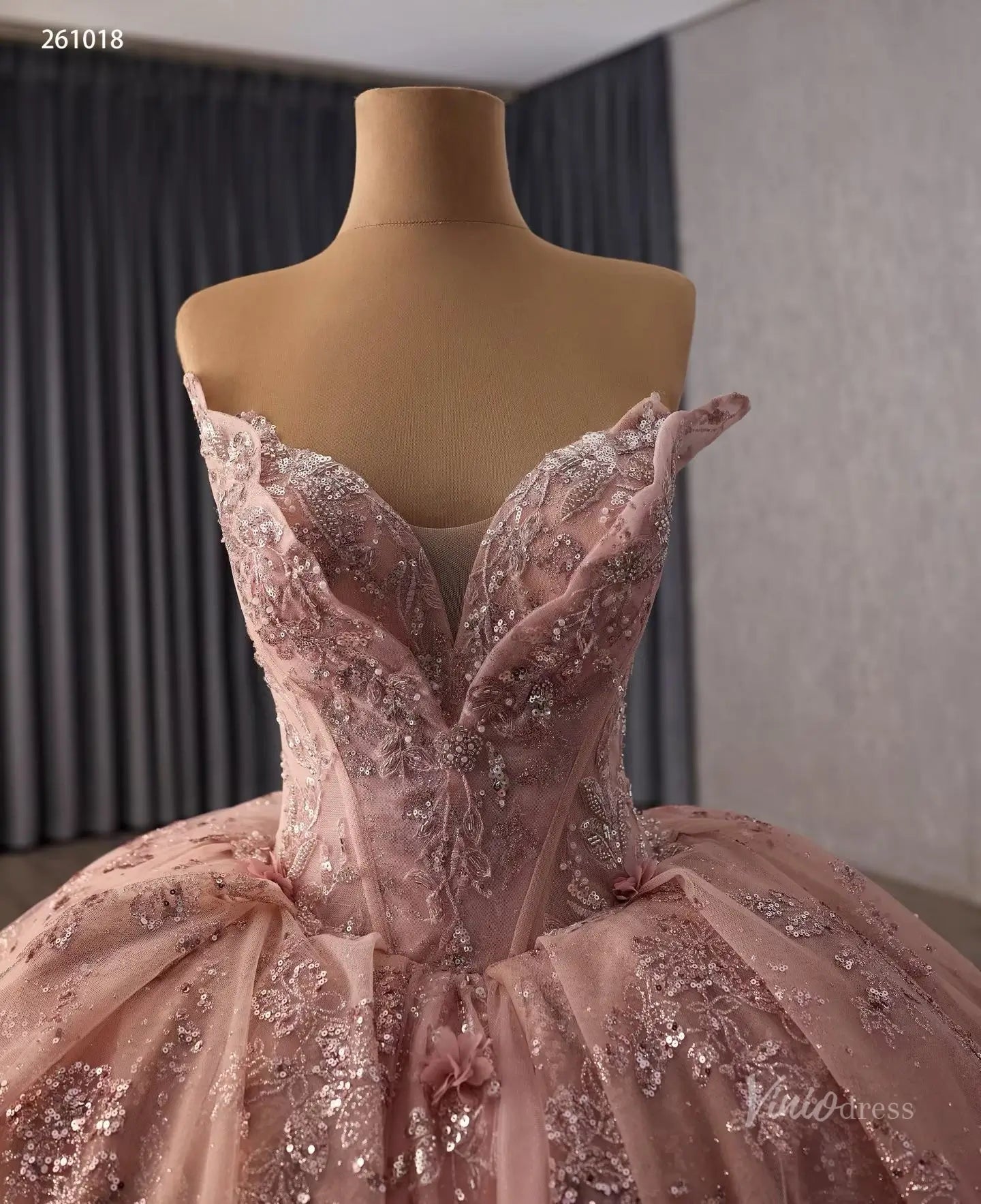 Dusty Rose Glitter Quinceañera Ball Gown with Off-Shoulder Plunging V Neck and Layered Ruffle Skirt – 261018-Quinceanera Dresses 2026-Viniodress-Dusty Rose-Custom Size – Add Measurements in Cart-