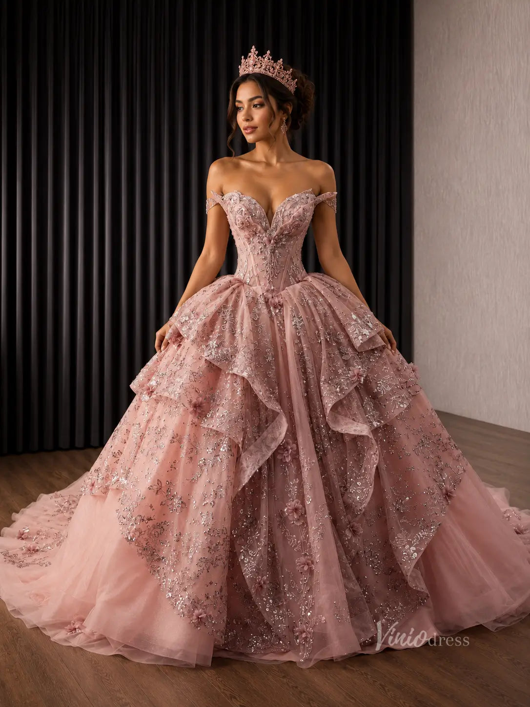 Dusty Rose Glitter Quinceañera Ball Gown with Off-Shoulder Plunging V Neck and Layered Ruffle Skirt – 261018-Quinceanera Dresses 2026-Viniodress-Dusty Rose-Custom Size – Add Measurements in Cart-