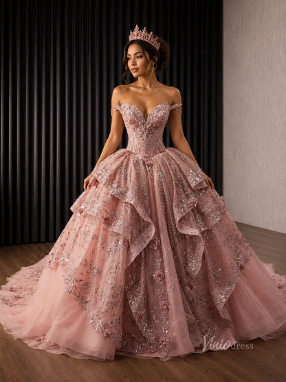 Dusty Rose Glitter Quinceañera Ball Gown with Off-Shoulder Plunging V Neck and Layered Ruffle Skirt – 261018-Quinceanera Dresses 2026-Viniodress-Dusty Rose-Custom Size – Add Measurements in Cart-